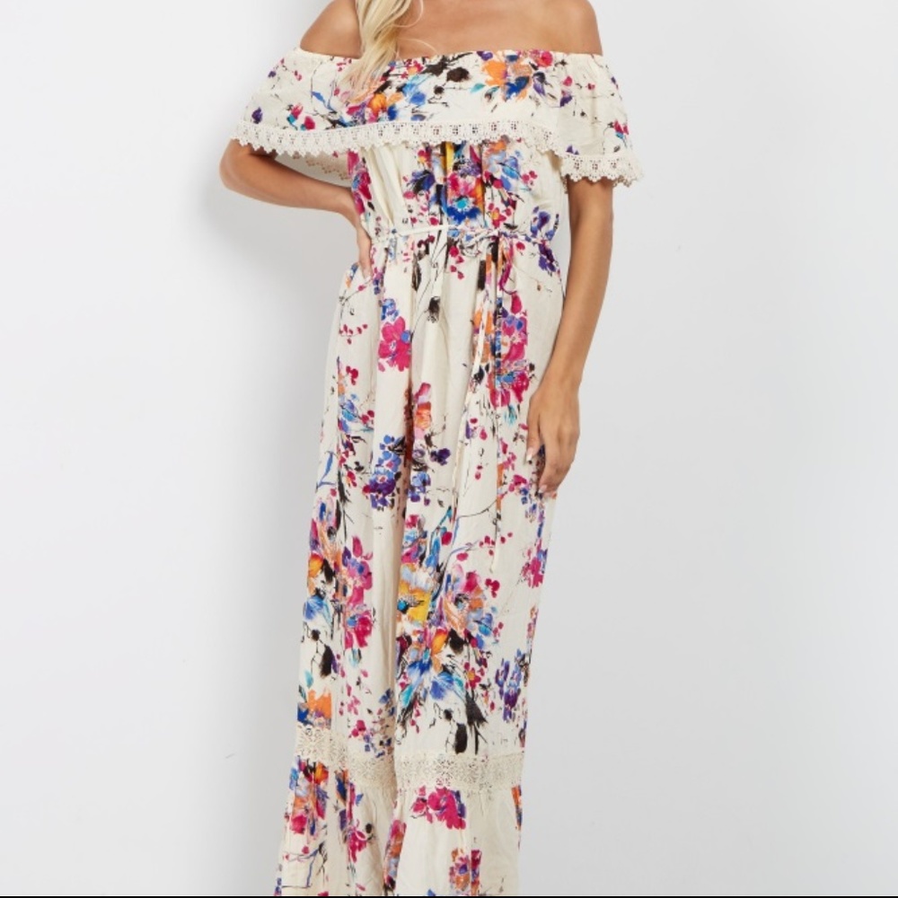 Pink Blush Ivory Floral Off Shoulder Dress